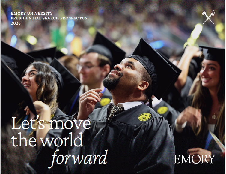 cover of a prospectus with a college graduate in a crowd wearing a cap and gown, smiling and looking up